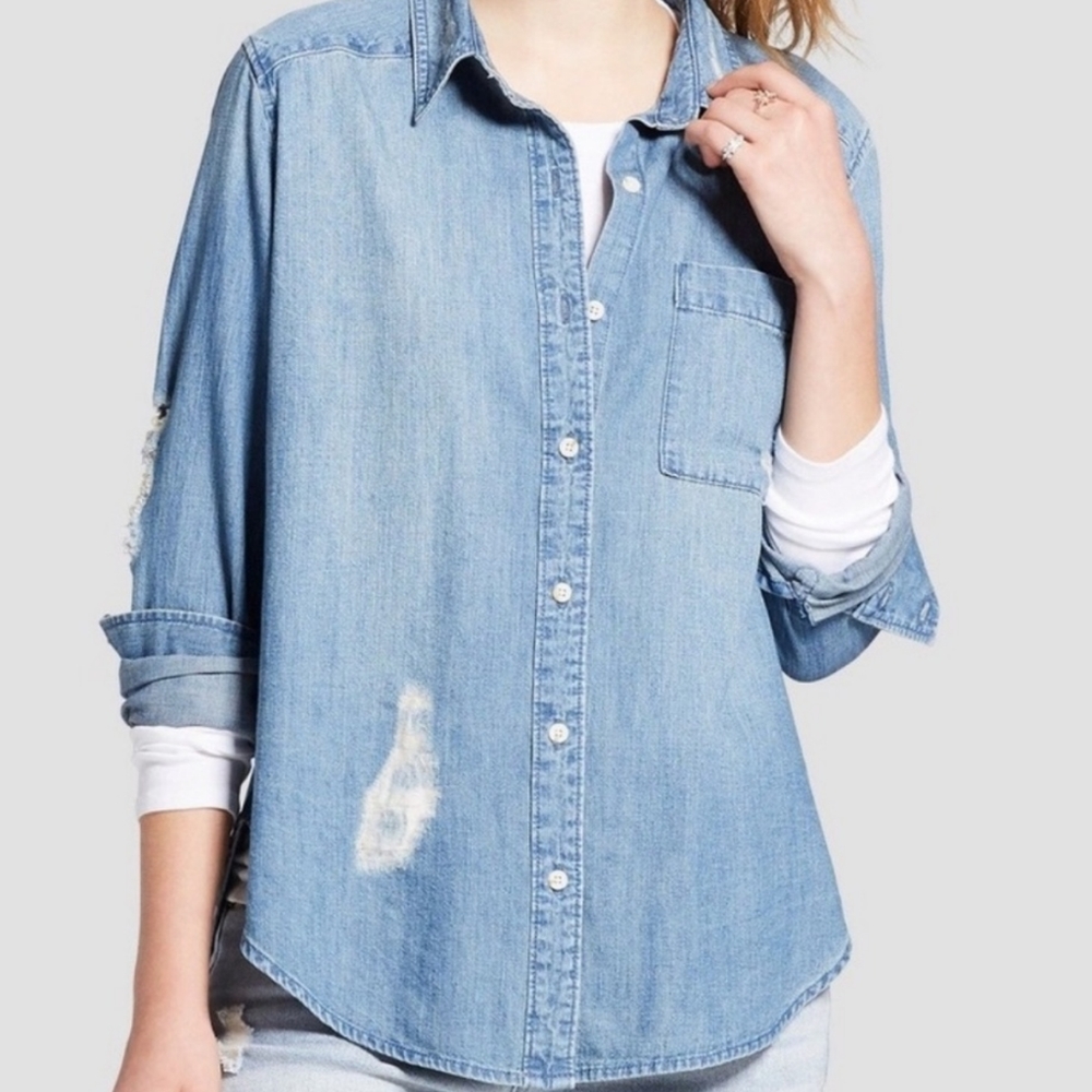 Mossimo Distressed Denim Button Down Boyfriend Top